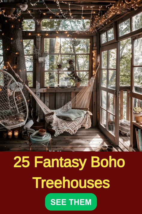 Escape to a whimsical world with these 25 dreamy fantasy boho treehouses that will transport you to a cozy haven in the trees. From charming hideaways to luxurious retreats, these unique treehouses are perfect for anyone seeking a magical escape into nature. Embrace tranquility and find your ultimate relaxation spot among the branches with our collection of enchanting treehouse inspirations. Treehouse Door Ideas, Treehouse Decorating Ideas, Tree House Decorating Ideas Inside, Tree House Aesthetic, Boho Treehouse, Magical Tree House, Treehouse Interior, Treehouse Inspiration, Enchanted House