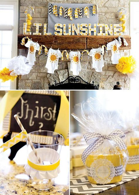 Sunshine Baby Shower, Baby Shower Party Themes, Baby Shower Theme Decorations, Sunshine Baby Showers, Baby Shower Inspiration, Fiesta Baby Shower, Shower Bebe, Baby Shower Fun, Neutral Baby Shower