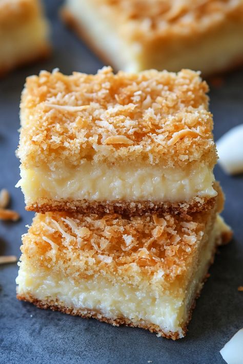 These Chewy Coconut Bars are made with simple ingredients: butter, eggs, flour, sugar, vanilla, unsweetened coconut flakes, and the secret ingredient—marshmallows. They're the perfect treat to enjoy with coffee or tea, and for an extra indulgent experience, warm them in the microwave for 10-15 seconds and top with a scoop of vanilla ice cream. In Coconut Pie Bars, Recipes Using Coconut, Things To Make With Coconut Flakes, Coconut Cream Bars, Coconut Cheesecake Bars, Coconut Chewies, Pineapple Coconut Squares, Dutch Letter Bars, Chewy Coconut Bars