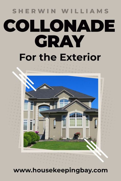 Colonnade Gray in Exterior Use. This paint color is so versatile that people use it even for painting their facades! However, light plays an important role here since, when being lit in a certain way, this color may reveal slightly greenish shades of it which might not be the exact result you expected. Find our Experts' Guide on Colonnade Gray in Exterior Use in our blog! Colonade Grey Exterior, Sw Collonade Gray Exterior, Colonnade Gray Sherwin Williams Exterior, Colonnade Gray Sherwin Williams, Sherwin Williams Collonade Gray, Gray Home Exterior, Collonade Gray, Colonnade Gray, Sherwin Williams Exterior Paint Colors