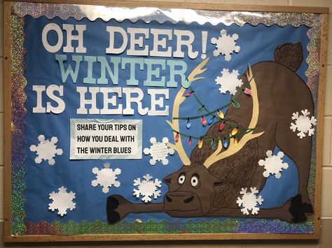 Winter bulletin board. Resident Assistant. Oh Deer! Winter is Here. Cafeteria Bulletin Boards, Resident Assistant Bulletin Boards, December Bulletin Boards, Winter Bulletin Board, College Bulletin Boards, Ra Themes, Deer Winter, Winter Bulletin, Ra Bulletins