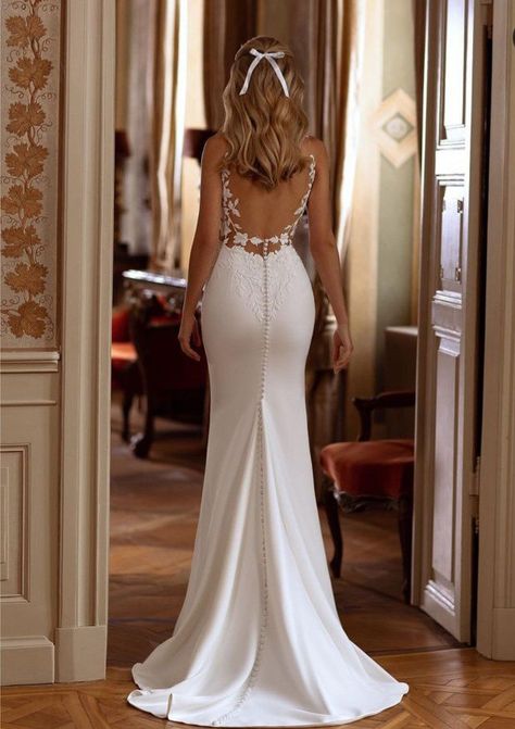 Simple Wedding Dress With Detailed Back, Elegant Wedding Dress With Buttons Down The Back, Elegant Beach Wedding Dress Open Backs, Wedding Open Back Dress, Wedding Dresses Satin Open Back, Silk Wedding Dress With Buttons Down The Back, Plain Wedding Dress Open Back, Plunge Neck Mermaid Wedding Dress, Fit And Flare Wedding Dress With Buttons