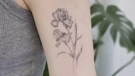 Iris Flower Bouquet Tattoo, Tattoo Of Iris Flower, Iris Wildflower Tattoo, Iris Violet Tattoo, Blue Flag Iris Tattoo, Meaningful Flower Tattoos For Women, Iris Tattoo Forearm, Iris Tattoo Arm, White Iris Tattoo