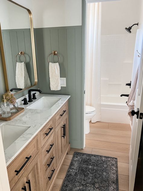 Neutral Master Bath Ideas, Neutral Kids Bathroom, Sage Bathroom, Olive Green Bathrooms, Trailer Upgrades, Kids Bathroom Remodel, Board Batten, Bathroom Diy, Hobbit House