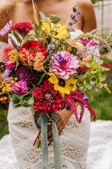 Wildflower-inspired wedding bouquet for summer - bright and boho wedding bouquet - See more summer bouquet ideas on WeddingWire! {Brightmoor Flower Farm} Inn Wedding Ideas, Colorful Wedding Florals Summer, Colorful Boho Wedding Flowers, Wedding Themes Bright, Bright Boho Wedding Flowers, Summer Wedding Bouquet Ideas, Summer Boho Wedding Flowers, Bright Wildflower Wedding Bouquet, Colorful Boho Wedding Decor