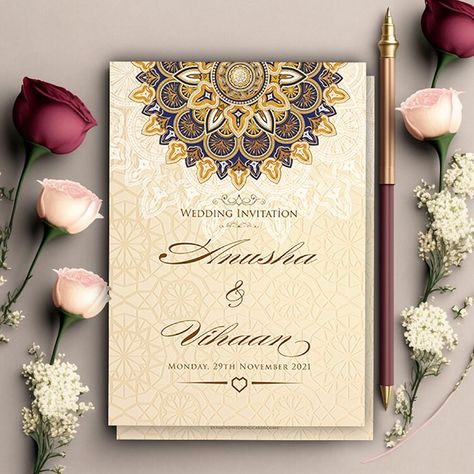 Hindu Wedding Cards Indian Wedding Invitations Cream and Beige Pattern Invites Hindu wedding card with cream and beige design and text (not shiny foil gold) . Includes free white envelopes. This beautiful Wedding Invitation truly emits elegance and would be a special way to inform family and friends of your special day. The intricate design, beautiful colour has been attentively designed to draw attention to your special day. This Wedding Invitation will ensure your wedding day will be announced with style and elegance.  Samples will include generic text and will not be personalised. For full orders we can provide any text that you require including any cultural or religious text and symbols. For full orders we also provide a digital mock of how the insert would look and would only begin p Muslim Wedding Invitations Wording, Muslim Wedding Invitation Card Design, Islamic Invitation Card, Islamic Wedding Invitations, Pakistani Wedding Invitations, Sikh Wedding Invitation, Sikh Wedding Card, Wedding Card Wordings, Muslim Wedding Cards