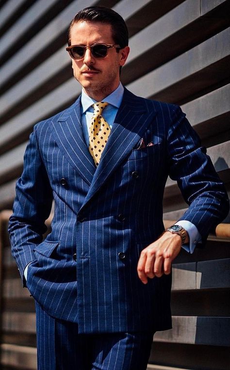 Double Breasted Pinstripe Suit, Man Closet, Double Breasted Suit Men, Blue Pinstripe Suit, Stylish Mens Suits, Lawyer Fashion, Classy Suits, Dress Suits For Men, Designer Suits For Men