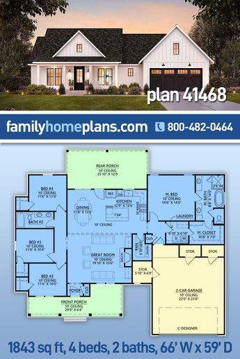 This 4 bedroom Country Farmhouse Home Plan has 1,843 sq ft of living area & a split floor plan. That means Mom and Dad have a private suite on the right side of the house, & three children's bedrooms are on the left. The master suite includes a full bathroom with two vanities, soaking tub, walk-in shower, private toilet closet, and huge walk-in closet that is connected to the laundry room. Open living space, lots of storage, and two wonderful covered porches finish up the features of this plan. Four Bedroom Floor Plans One Story, Joining Two Houses Together, Modest 4 Bedroom House Plans, Best Farmhouse Floor Plans, House Plans With His And Her Bathrooms, House Plans With Two Master Suites Ranch, Farmhouse 3 Bedroom Floor Plans, Ranch Style Floor Plans With Basement, 1 Level 4 Bedroom House Plans