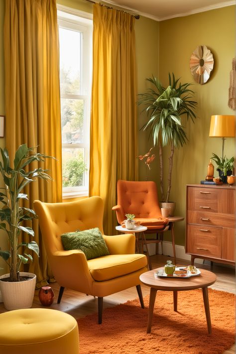 VISIT THE LINK TO BUY NOW..Roundhill Furniture Sovarol Velvet Button-Tufted Wing Back Accent Chair
"Add a pop of sunshine to your home with these vibrant yellow-themed corner decor ideas. Whether you're looking to brighten up a small nook or create a cheerful focal point, these tips will infuse your space with warmth and positivity. 🌼✨

#YellowDecor #CornerDecor #HomeStyling #InteriorDesign #BrightSpaces #HomeDecor #SunnyVibes" 70s Curtains Living Room, 1970s Furniture Living Rooms, 60s Modern Home Decor, 70s Family Room, Retro Lounge Room, Retro Style Home, 1970s House Interior, 70s Lounge Room, Orange Yellow Room