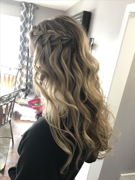 Braid Prom Hairstyles Down, Curled Hair With Waterfall Braid, Simple Braid With Curls, Curled Hair With Side Pinned Back Braid, Curly Hair With Plait, Bridal Hair Side Braid Loose Curls, Half Up Half Down Hair Waterfall Braid, Bridesmaid Hair Waterfall Braid, Waterfall Prom Hair