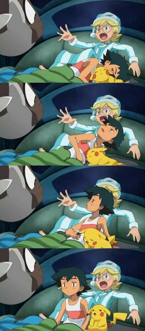 Pokemon Ash Funny, Pokemon Diodeshipping, Ash X Pokemon, Ash And Clemont, Pokemon Comics Ships, Clemont X Ash, Ash And Pokemon, Person Ascending, Ash X Clemont