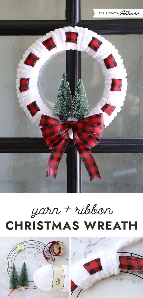 Non Wired Ribbon Wreath, Wreath Made From Scarves, How To Make A Ribbon Bow For A Wreath, Ribbon Wreaths Christmas, Dollar Tree Metal Wreath Diy, Braided Chunky Yarn Wreath, Fleece Wreath Diy, Crochet Xmas Wreaths, Wreaths Made With Yarn