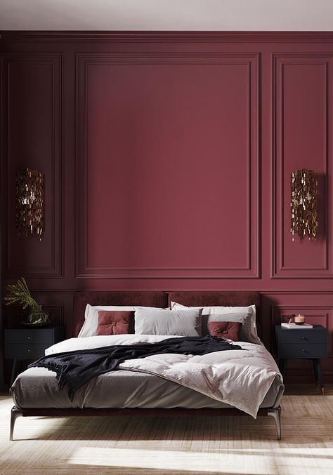 Lustful Modern Classic House in Toronto | Covet House Cranberry Wall Color, Burgundy Room Ideas Bedrooms, Burgundy Room, Burgundy Bedroom, Masculine Bedroom Decor, Eclectic Bedroom Design, Ford Pinto, Wooden Bed Design, Eclectic House