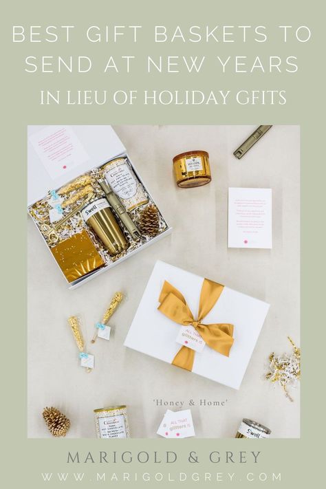 The best New Year gift basket ideas! Did you miss holiday gifting? Don't worry! Clients, staff, employees all appreciate our ideas for sending New Year's gifts in lieu of holiday gift baskets & boxes. Shop unique gift ideas & curated gift boxes & gift baskets by Marigold & Grey, an artisan gifting company w/ custom & ready-to-ship gift sets, boxes, baskets & designs for weddings, events, corporate, virtual, client appreciation, parties, thank you, congratulations, holidays & special occasions. Unique Boss Gifts, Unique Client Gifts, New Year Gift Ideas, Gifts For Clients, Client Appreciation Gifts, Bubble Gift, Unique Corporate Gifts, Best Gift Baskets, Holiday Gift Baskets