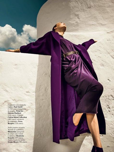 High Fashion Shoots, Italy September, Sophisticated Lady, Orange Suit, Purple Heels, Purple Coat, Set Ideas, Autumn Colours, Purple Reign