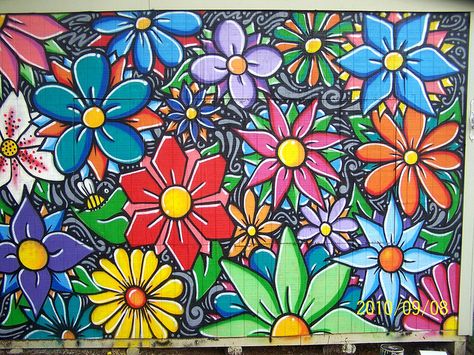 garden: I like the cartoon/pop arty feel and the colors. It reminds me of other Philadelphia murals Philadelphia Murals, Backyard Mural, Mural Garden, Renovation Facade, Painted Fence, Fence Painting, Garden Fence Art, Graffiti Flowers, Cartoon Pop