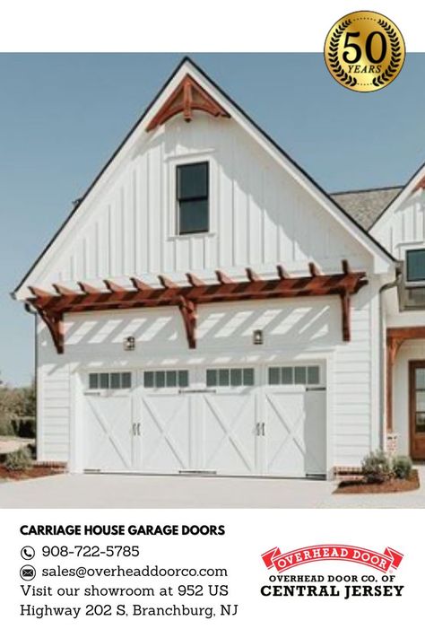 Carriage House Garage Door Replacement New Jersey, Barn Garage Doors, Overhead Doors One Garage Door That Looks Like Two, Cedar Garage Pergola, Wood Above Garage Door, White Carriage Garage Doors, Corbels Over Garage Door, Farmhouse Garage Door Ideas, Garage Barn Doors, Pergola Above Garage Door, Pergola Over Garage Door