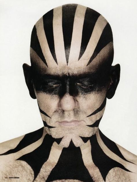 Black and White Stripes Airbrush Makeup Idea - master or slave? Alex Box, Billy B, Drag Make-up, Make Up Inspiration, Theatrical Makeup, Human Canvas, Male Makeup, Bald Head, Bald Heads