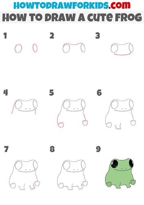 Cute Art Styles Step By Step, How To Make A Frog Drawing, Frog Drawing Sketches Easy, Simple Cute Frog Drawing, Cute Frog Drawing Tutorial, How To Draw A Frog On A Mushroom, Cartoon Frog Drawing Sketch, How To Draw Cartoon Frog, Cute Animals To Draw Easy Step By Step