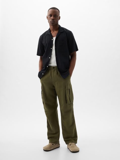 Soft linen-cotton blend cargo pants.  Button closure at E-waist.  Zip fly.  Front slant pockets, back flap pockets.  Cargo pockets at sides.  Cinch ties at hem.  * Fit: Loose.  A baggy silhouette throughout.  Note: Shay Latukolan is wearing a Gap Men Casual Pants Outfit, Modern Men’s Style, Comfortable Guy Outfits, Male Fashion Fall 2024, Motorcycle Mens Fashion, Male Cargo Pants Outfit Street Style, Men’s Style Copenhagen, Man Outfit Inspo Aesthetic, Male Street Wear Outfits