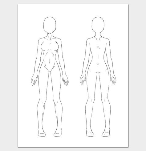 Female Body Outline Front and Back Female Pose Reference Drawing Front And Back, Anime Body Base Female Front And Back, Body Reference Drawing Front And Back, Front And Back Body Template, Body From The Back Drawing, Oc Body Reference Female, Drawing Base Front And Back, Female Posture Drawing, Front And Back Character Design