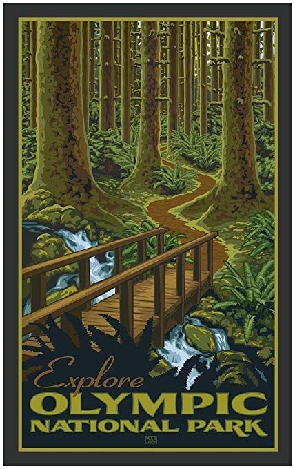 Olympic National Parkk Travel Art Print Poster by Paul Leighton (24" x 36") Camp Signs, Vintage National Park Posters, Camping Illustration, Lake Crescent, Poster Graphics, Art Exhibition Posters, Travel Artwork, Retro Travel Poster, National Park Posters