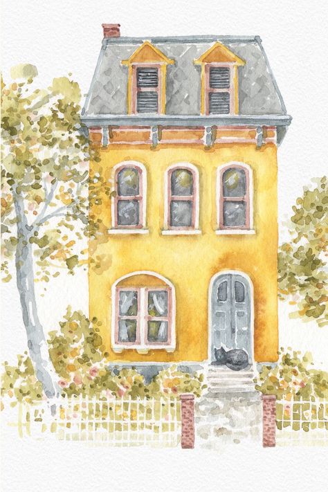 House Watercolor Illustration, Watercolor Home Decor, Yellow Watercolor Painting, Pretty Watercolor Paintings, Watercolor Art Ideas For Beginners, Watercolor Art House, Beginner Illustration, House Painting Art, Paintings Of Houses