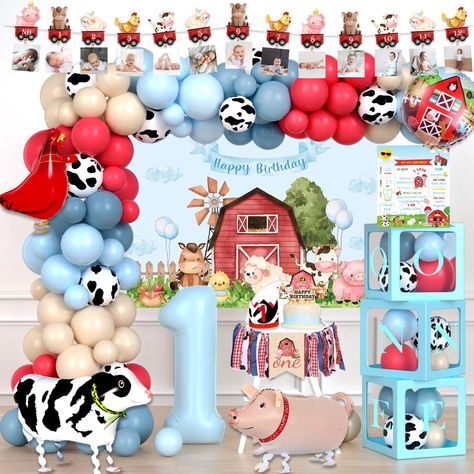 PRICES MAY VARY. 【COSY FARM ONE PARTY】🐮 Create a warm barnyard party with pink and ivory colors! Cute farm animals bring unlimited fun and novel experiences to your little one and other children to explore a different one year old birthday. Precious memories with our party decorations and let everyone enjoy the unforgettable day! 【FARM 1ST PARTY DECORATIONS BOY SET】🐷 100 x 12’’ latex balloons, 40 x 5’’ latex balloons, 1 x number ‘1’ foil balloon, 4 x walking animal foil balloons, 1 x backdrop, 1st Birthday Decorations Boy, Farm Party Decorations, Animal Themed Birthday Party, Cute Farm Animals, Farm Themed Party, Barnyard Birthday Party, Farm Theme Birthday, Farm Animals Birthday Party, Farm Themed Birthday Party