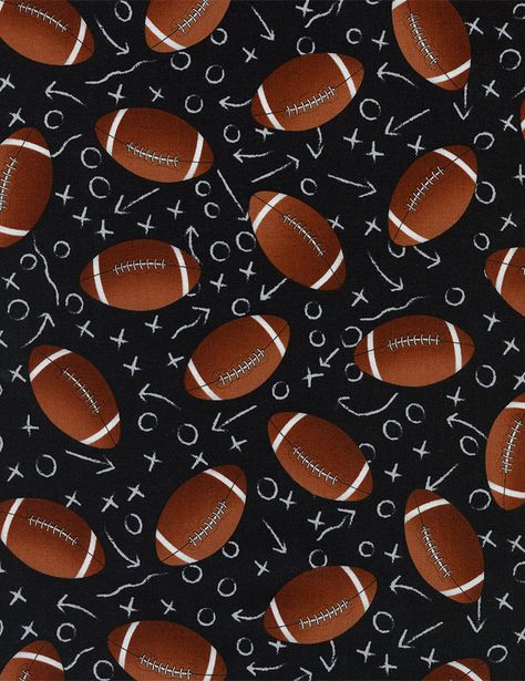 A Timeless Treasure 100% Cotton Black Fabric featuring footballs and white chalk plays. Chalk Signs, American Football Ball, Football Fabric, Football Background, Sports Fabric, Chalk Sign, Browns Football, Timeless Treasures Fabric, Football Ball