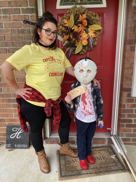 Mom And Son Halloween Costumes Scary, Crystal Lake Camp Counselor Costume, Jason Voorhees Couple Costume, Jason Costume Women Diy, Jason And Camp Counselor Costume, Camp Crystal Lake Party, Crystal Lake Counselor Costume, Camp Crystal Lake Counselor Costume, Camp Counselor Costume