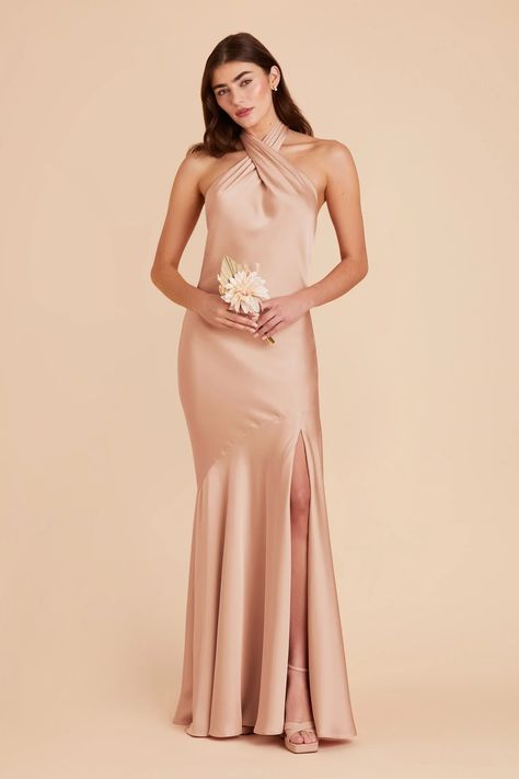 Stephanie Rose Gold Matte Satin Bridesmaid Dress | Birdy Grey Copper Bridesmaid Dresses, Taupe Bridesmaid, Rose Gold Bridesmaid Dress, Mauve Bridesmaid Dress, Taupe Bridesmaid Dresses, Rust Bridesmaid Dress, Charlotte York, Halter Bridesmaid Dress, Rose Bridesmaid Dresses