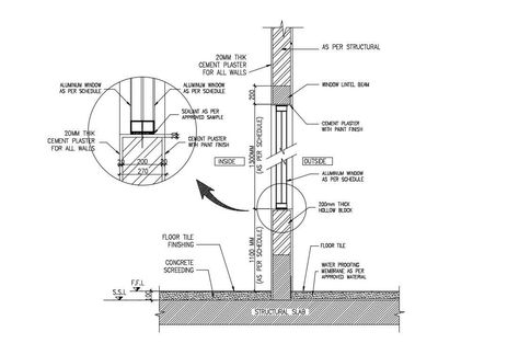 Download window sectional design which shows window frame details, dimension details, window dimension detailing, floor tile details, lintel details, and other unit details. Detail Drawings Architecture, Architecture Details Sketch, Window Detail Architecture, Window Section Detail, Window Detail Drawing, Window Structure, Construction Details Architecture, Section Detail, Environmental Architecture