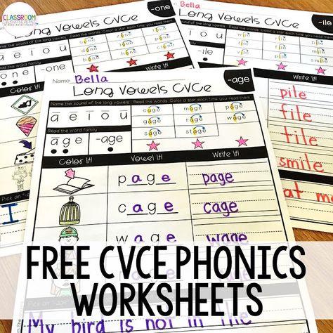 FREE CVCe Phonics Worksheets! Long A Activities First Grade, 1st Grade Phonics Worksheets Free, Cvce Activities Freebies, Og Phonics, Sneaky E, Cvce Worksheets, 2nd Grade Phonics, Cvce Activities, Free Phonics Activities