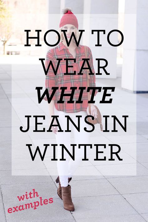 White Jeans With Black Boots, White Pants In Winter Outfits, White Denim In Winter, White Jeans For Winter, White Denim Pants Outfit Winter, White Winter Jeans Outfit, White Jeans Outfit Winter Boots, White Jeans Christmas Outfit, Wearing White Jeans In Winter