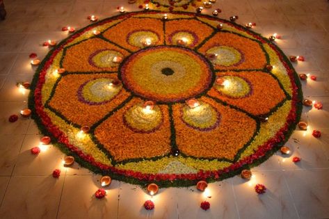 Flower Rangoli Decoration Ideas, Flower Rangoli For Diwali Festivals, Diwali Flower Decoration Rangoli Designs, Fancy Rangoli Designs, Phool Rangoli Designs, Flower Diwali Rangoli, Diwali Flower Rangoli Ideas, Diwali Rangoli From Flowers, Flower Rangoli Designs Diwali