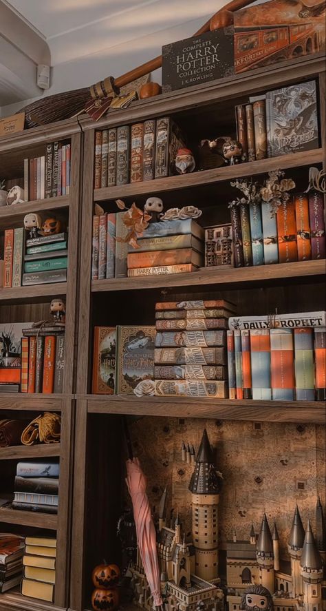 Harry Potter Aesthetic Library, Harry Potter Room Ideas For Adults, Harry Potter Livingroom, Harry Potter Themed Home Library, Harry Potter Bookshelf Decor, Harry Potter Inspired Home Library, Reading Nook Harry Potter, Harry Potter Aesthetic Office, Harry Potter Room For Adults