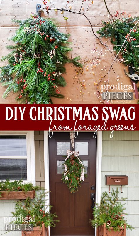 Skip the box store and head out to forage your own greens to create this DIY Christmas swag & planters. It's easy, affordable and fun! Video tutorial by Larissa of Prodigal Pieces at prodigalpieces.com #prodigalpieces #diy #christmas #video #home #homedecor #holiday #budgetfriendly #nordic #farmhouse Evergreen Swag Diy, Christmas Swag Wreaths Diy, Cedar Swag Diy, Christmas Swag For Outdoor Lights, Holiday Swags Diy, Diy Evergreen Swag, Evergreen Swags For Christmas Diy, How To Make Swag Wreath, Pine Swags Christmas Diy