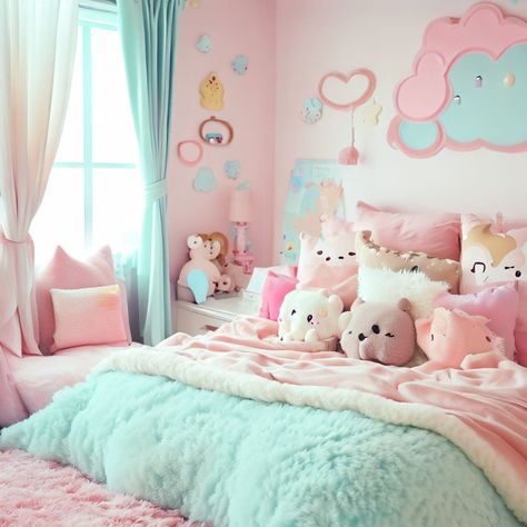 Pink Kawaii Bedroom Aesthetic, Pink And Blue Bedroom Aesthetic, Girls Pastel Bedroom Ideas, Cute Kawaii Bedroom, Cotton Candy Bedroom, Bedroom Ideas Kawaii, My Amygdala, Kawaii Bedroom Ideas, Kawaii Bedroom Aesthetic