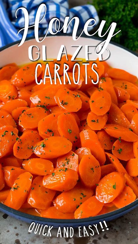 These honey glazed carrots are sliced carrots simmered with honey and butter until tender. Side Dishes Vegetable, Honey Glazed Carrots Recipe, Honey Glazed Roasted Carrots, Easter Side Dishes Recipes, Cheesy Scalloped Potatoes Recipe, Honey Carrots, Glazed Carrots Recipe, Candied Carrots, Juicy Baked Chicken