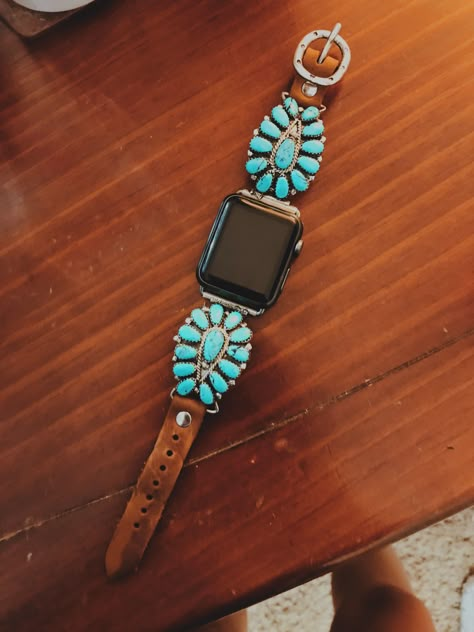 turquoise, sterling silver, calf skin Apple Watch band $549.99 Western Watch Band, Apple Watch Bands Western, Western Watch Bands, Western Apple Watch, Turquoise Watch Band, Mode Country, Cute Apple Watch Bands, Western Fashion Jewelry, Financial Investment