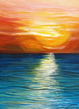 Close up of K. Conover's acrylic painting: "Beach Sunset" 2012. (24 x 30) SOLD.  Water painting of the sun's reflections at sunset Black Canvas Paintings, Painting Beach, Canvas For Beginners, Simple Acrylic Paintings, Sunset Art, Wow Art, Ocean Painting, Sunset Painting, Beginner Painting