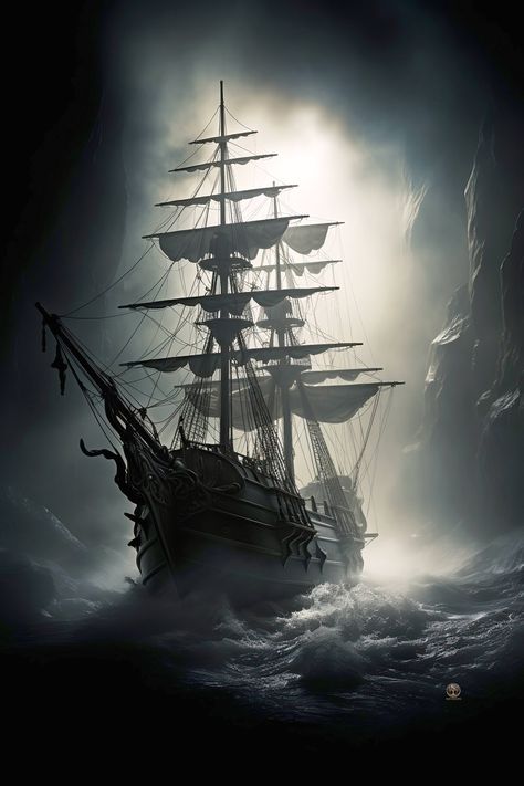 Embark on a captivating journey with our "Ghostly Night Voyage" art print, featuring an old galleon ship braving stormy seas under the cloak of night. This evocative piece of dark maritime art captures the thrill of nautical adventure and mystery. The ship emerges from turbulent waves, flanked by towering cliff faces that add a sense of perilous beauty. A haunting misty light emanates from behind the vessel, casting an eerie and ghostly glow that enhances the atmospheric allure of the scene. Ghost Ship Aesthetic, Ghost Ship Drawing, Pirate Ship Aesthetic, Pirates Drawing, Mission Aesthetic, Ghost Ship Art, Escape Art, Ghost Ships, Pirate Ship Art