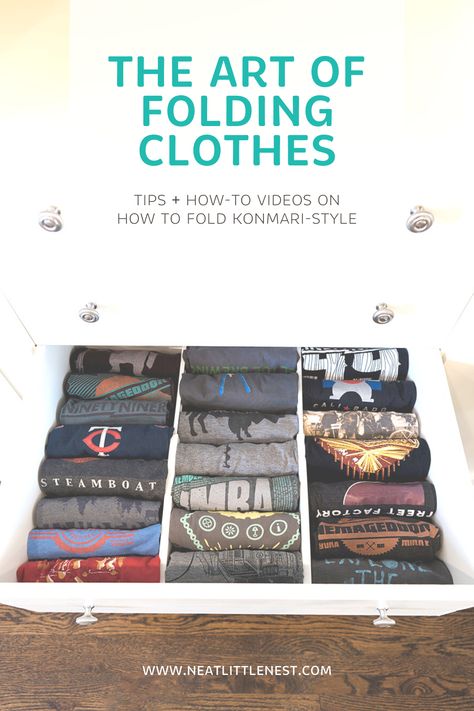 Professional organizer Michele Vig of Neat Little Nest helps you learn the art of folding clothes with tips + a comprehensive video to help simplify your laundry day, keep our clothes looking nicer for longer, avoid wrinkles and save space all by paying attention to the way we are folding our clothes.  #homeorganization #laundrytips #konmari #mariekondo #folding #foldingclothes #homeorganization #organizationideas #organization #organizingtips #bhghome Folding Tee Shirts Drawers, Folding Clothes Without Wrinkles, Effective Spaces Folding, How To Fold Skirts, Konmari Method Folding, Folding Socks, Master Closets, Closet Tips, Konmari Folding