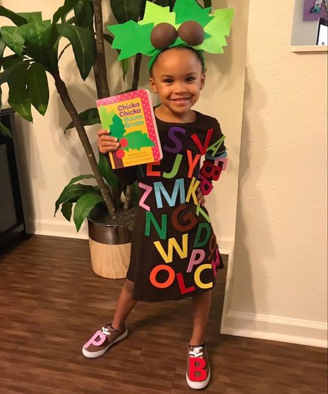 Diy Chicka Chicka Boom Boom Costume, Chica Chica Boom Boom Costume, Book Character Day For Kids, Girl Book Characters Costumes, Aubrey Character, Chicka Chicka Boom Boom Costume, Teacher Book Character Costumes, Girl Book Characters, Easy Book Week Costumes