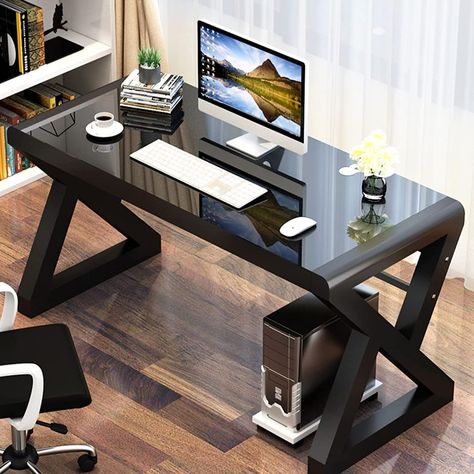 Black Glass Desk, Workspaces Design, Study Table Designs, Glass Desk Office, Table Study, Writing Desk Modern, Glass Office, Desk Computer, Pc Table