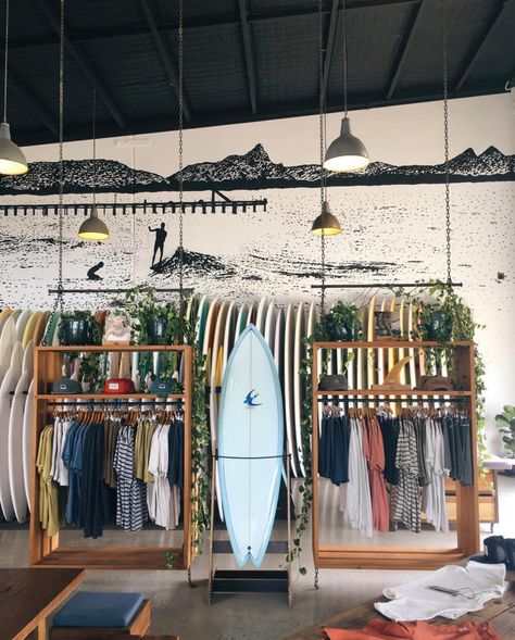 Surf Shop Boutique, Surf Retail Store Design, Surf Shop Interior Design, Beach Shop Design, Surf Shop Interior, Surf Shop Aesthetic, Coastal Boutique, Surf Cafe, Surf Shops