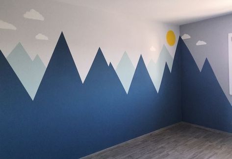 Kids Accent Wall Boys Bedroom, Geometric Mountain Mural, Kids Room Mountain Wall, Mountain Painted Wall, Toddler Wall Paint Ideas, Mountains Wall Painting, Wall Painting Ideas Bedroom Boys, Office Wall Murals Ideas, Toddler Room Wall Paint