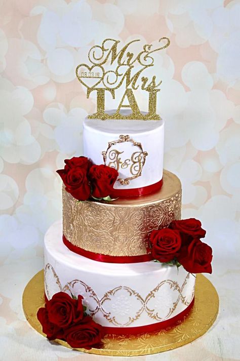 Red White And Gold 2 Tier Cake, Red Gold White Wedding Cake, Red Gold And White Wedding Cake, Red White And Gold Wedding Cake, Red White Gold Cake, Red Gold Wedding Cake, Burgundy And Gold Cake, White Cake Balls, Red White And Gold Wedding