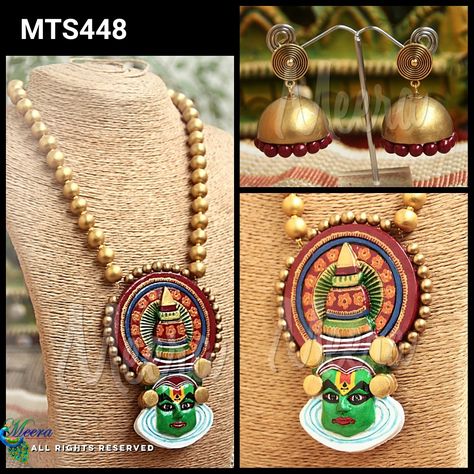 Hand made Kathakali terracotta jewellery from Meera Terracotta Temple Jewellery, Kathakali Jewellery, Terracotta Earrings Design, Terakota Jewellery, Terracotta Jewellery Making, Terracotta Jewellery Designs, Terracotta Earrings, Diy Fabric Jewellery, Hand Painted Necklace