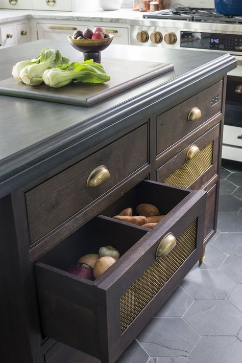 Storage Solutions: Kitchen Drawers - Studio Dearborn | Interior Design Studio Dearborn, Kitchen Vegetable Storage, Sarah Robertson, Cookbook Storage, Onion Storage, Island Storage, Kitchen Island Storage, Potato Storage, Vegetable Drawer